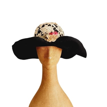 Vintage 80s Neo-Edwardian Hat Hooray Henri Wide Brimmed Black Felt Cream Lace 