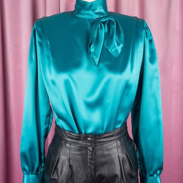 Vintage 1980s Courtney Rhodes Shiny Teal Blouse with High Neck, Attached Tie, and Buttons Down the Back 