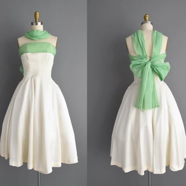 1950s vintage dress | Gorgeous Strapless White & Green Sweeping Full Skirt Bridesmaid Dress | Small | 50s dress 