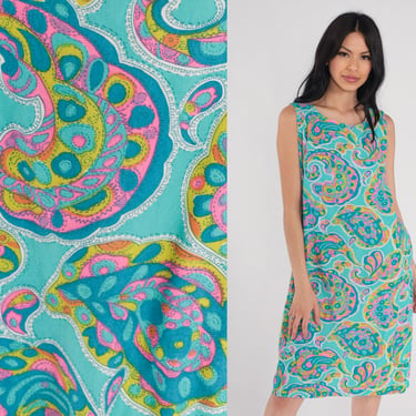 Blue Paisley Dress 60s Mod Dress Sleeveless Retro Shift Midi Gogo Twiggy Minidress Groovy Psychedelic Print Pink Green Vintage 1960s Medium 