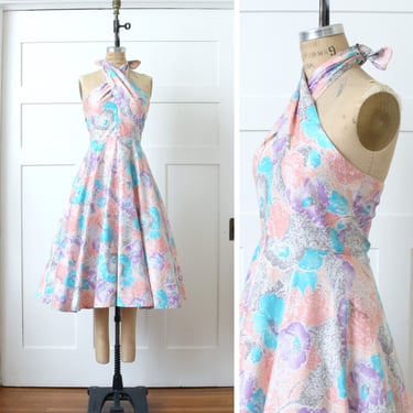 vintage halter tie-neck fit & flare dress • 1950s style reproduction sundress • pretty pastel floral 