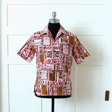 mens vintage 1970s tiki god shirt • red & white tropical Kona Kai Hawaiian shirt 