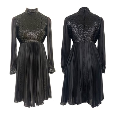 Vtg Vintage 1970s 70s Glam Anne Fogarty Black Sequin Pleated Cocktail Dress 