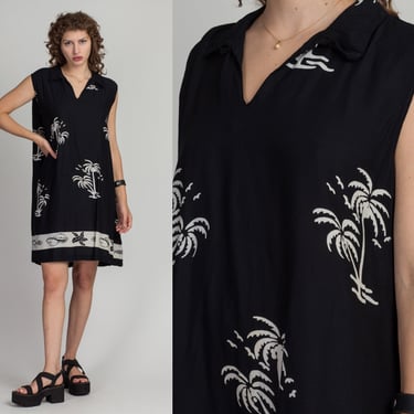 90s Black Palm Tree Print Mini Sundress - 3X | Vintage Hawaiian Collared Sleeveless Swing Dress 
