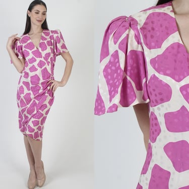 Flora Kung Dress, Pink Silk Print, Vintage 80s Cocktail Party, Designer Wrap Midi, Tag Size 10 