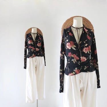 cropped black silk wrap blouse - m - vintage 90s y2k womens floral flowery crop shirt top long sleeve 