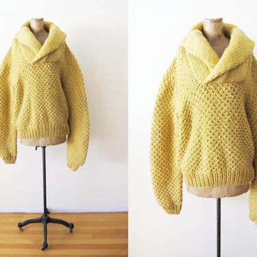 Vintage 60s Hand Knit Extra Chunky Shawl Collar Sweater L -  Golden Wheat Yellow Cozy Slouchy Oversized - Academia Preppy Style 
