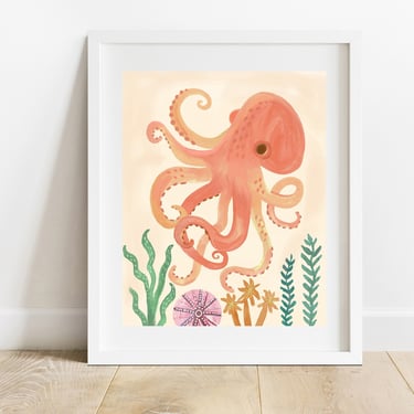 Pastel Octopus Art Print/ 8 X 10 Marine Life Ocean Illustration/ Coastal Seas Wall Art/ Beach House Decor 
