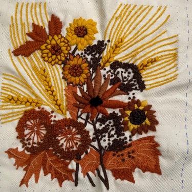 1973 Erika Wilson Floral Crewel Embroidery Pillow Cover, Columbia Minerva Kit 7312, Fall Autumn Colors, Yellow Rust Brown 