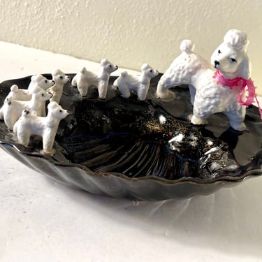 Vintage 1950’s Mama Poodle and Puppies Ceramic Trinket Dish or Ashtray 