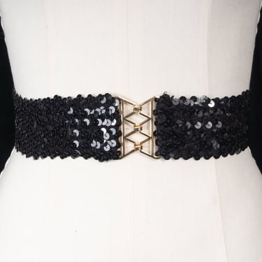 Black Stretchy Sequin Wide Belt with Gold Tone Buckle 