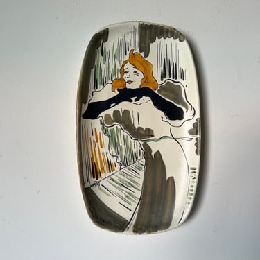Vintage Yvette Guilbert Italian Hand Painted Wall Ceramic Plaque After Henri De Toulouse - Lautrec 