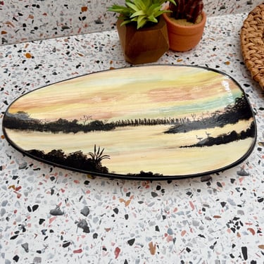 Large Vintage Dish Tray, Hand Painted, Coffee Table Decor, Entry Way Decor, Mid Century Ceramic Art, Atomic Shape, 1950s, 60s 