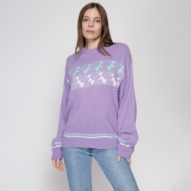 Large 80s Lilac Scottie Dog Oversize Sweater | Vintage Pastel Striped Scottish Terrier Slouchy Novelty Knit Pullover 