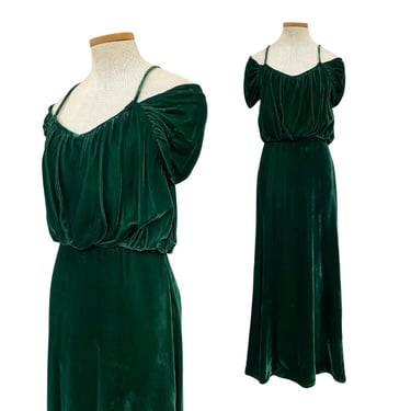 Vtg Vintage 1970s 70s Emerald Green Velvet Grecian Goddess Cold Shoulder Dress 
