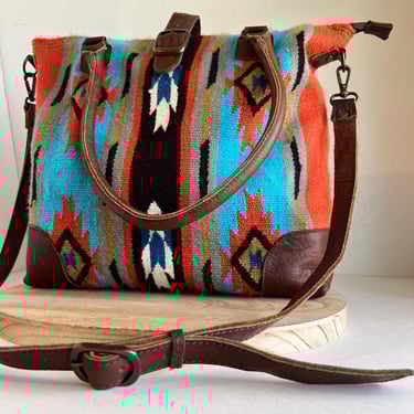 American Darling Genuine Leather Cotton Southwestern Saddle Blanket Tote Bag 