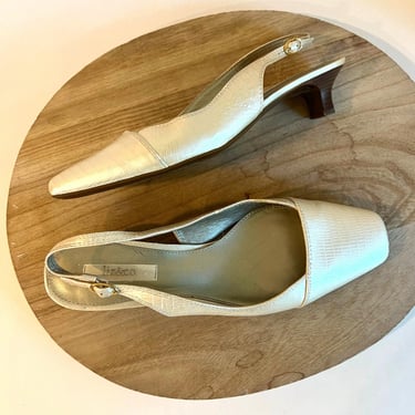 Vintage Cream Vegan Snake Leather Square Toe Slingback Kitten Heel Sandal Size 8 