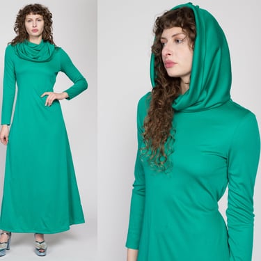 Medium 70s Jade Green Hooded Maxi Lounge Dress | Vintage Long Sleeve Loungewear Disco Gown 