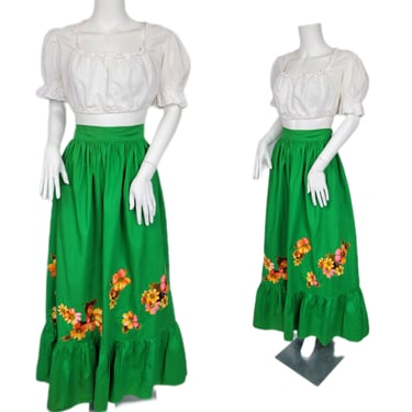 Volup 1960's Kelly Green Cotton Floral Applique Maxi Skirt I Sz XL I W: 40" 