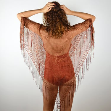 Vintage 80s Swimsuit Cover Up / Gold Bronze Copper Metallic / 1980s Mesh Shawl Sheer Sweater / Womens Small Medium Large XL Boho Hippie 