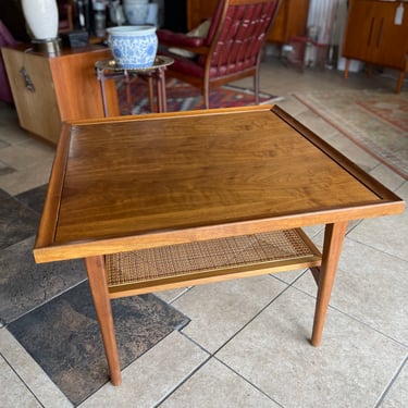 Mid Century Walnut End Table with Cane Tier Designed by Kipp Stewart for Drexel Declaration 