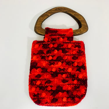 Vintage 1970s Retro Groovy Crochet Macrame Handmade Pom Pom Balls Hippie Purse Wood Handle Bag 