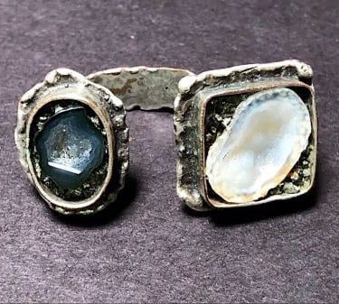 Amazing Unmarked Silver Studio Made Geode Ring Open with Textured Band and Setting