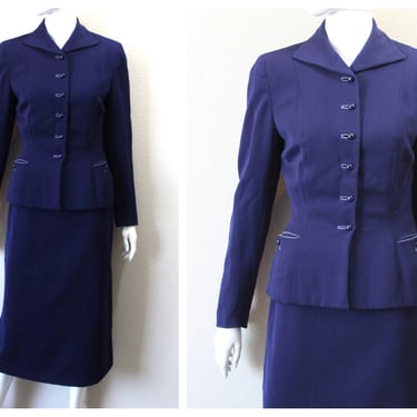 Vintage 40s 50s Julliard Swansdown Navy Blue Virgin Wool Fitted Suit 2 PC Jacket & wiggle Skirt  // Modern Size US 2 4 xs Small 
