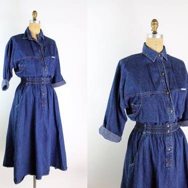 80s Dark Blue Jean Dress / 1980s /Blue Denim Dress / 1980s /Size M/L / Free US shipping 