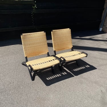 Pair of Midcentury Modern Danish Black Lacquer and Cane Folding Lounge Chairs, ca. 1960’s 