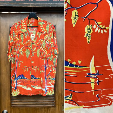 Vintage 1940’s Size L “Kahala” Border Print Tropical Rayon Hawaiian Shirt, 40’s Loop Collar Shirt, 40’s Floral Print, Vintage Clothing 