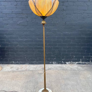 Antique Art Deco Style Torchiere Floor Lamp with Tiffany Style Shade, c.1970’s 