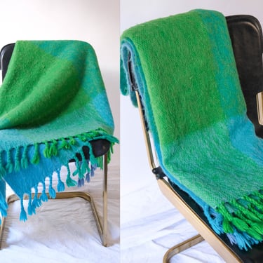 Vintage 70s Green & Blue Buffalo Plaid Fringe Metsovaara Finland Throw Blanket | Mohair And Wool | Hunter, Mint, Blue | 1970s Mid Century 