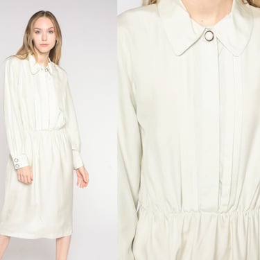 Off White Silk Dress 80s Midi Dress Collared Button up Shirtwaist Dress High Waist Long Sleeve Secretary Chic Vintage 1980s Medium Large 