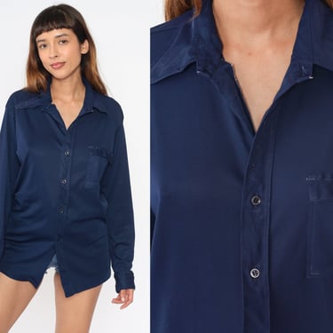 70s Button Up Shirt Dark Blue Blouse Disco 1970s Dagger Collar Pocket Shirt Vintage Long Sleeve Retro Plain Large 