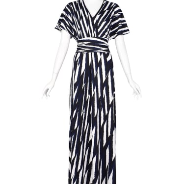 Roberta di Camerino Vintage 1978 Black Blue & White Zig Zag Print Jersey Maxi Dress