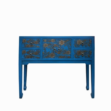 Blue Lacquer Golden Flower Graphic Drawers Slim Foyer Side Table cs7732E 