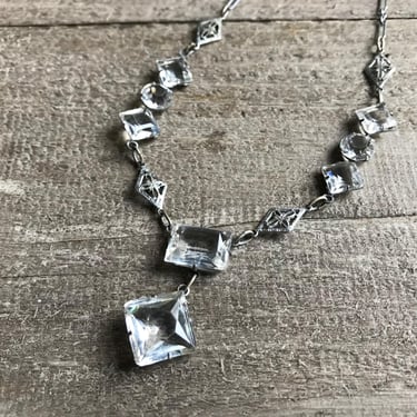 Art Deco Bezel Set Necklace, Open Back, Silver Tone, 16 inch, Period Jewelry, KH 