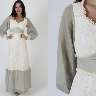 Cream Prairie Boho Wedding Maxi Dress / Vintage 70s White Lace Crochet Bodice / Simple Cream Bridesmaids Renn Fair Outfit 
