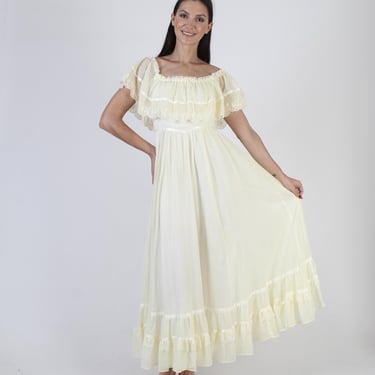 Yellow Gunne Sax Off The Shoulder Dress, Plain Color Cottagecore Gown, Vintage Boho Wedding 