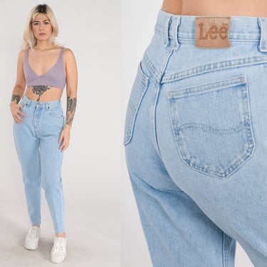 90s Mom Jeans Lee Jeans Tapered Leg High Waisted Rise Light Wash Blue Denim Pants Retro Skinny Jeans Slim Fit Plain Vintage 1990s Small S 27 