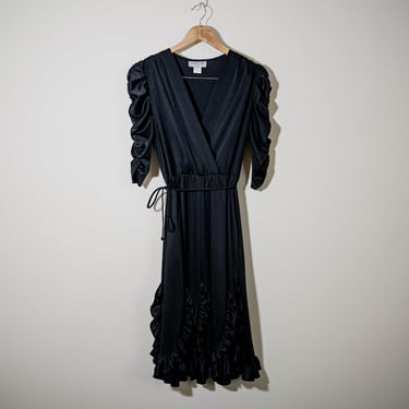 Vintage 1980s Little Black Ruffle Dress With Wrap Around Waist String - Size Small Medium - David Robin by Yvette 