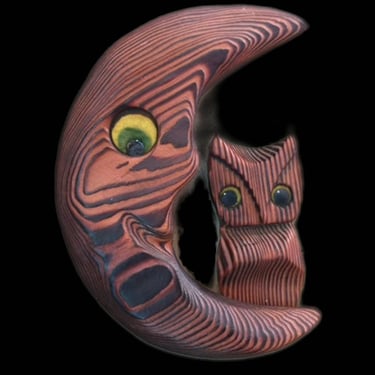 Vintage 1970s Carved Wood Crescent Moon + Owl by Witco 