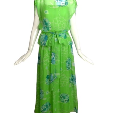 ADELE SIMPSON- 1970s 2pc Green Chiffon Dress, Size 2