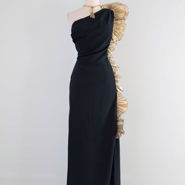 Vintage 1980s Claralura Sculptural Black & Gold Evening Gown / Medium