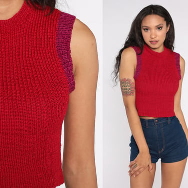 70s Knit Tank Top Sleeveless Crop Top Red Sweater Vest Top Boho Hippy Nerd 1970s Boho Knit Shirt Hippie Vintage Extra Small xs 