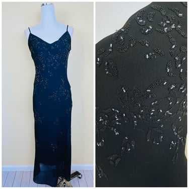 Y2K Vintage Betsy and Adam Black Acetate Beaded Dress / Rose Beading BIas Cut Romantic Maxi Dress / Size Small 