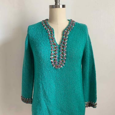 1960s Turquoise Beaded Sweater 