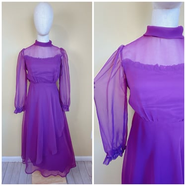 1980s Vintage Purple Chiffon Maxi Dress / 80s Custom Beaded Sheer Neckline Magical Gown / Size XS - Small 