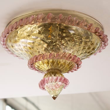 Murano art glass ceiling lamp diameter 30 cm amber color with pink details, handmade ceiling lamp Made in Italy 